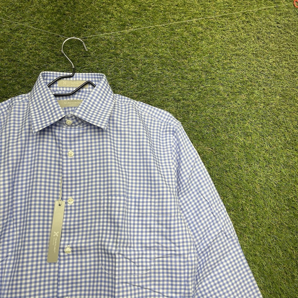Nordstrom Dress Shirt Mens 15.5 32/33 Long Sleeve Blue Gingham TrimFit Non Iron